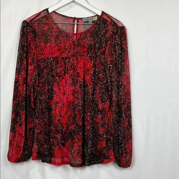 Figueroa & Flower Womens Blouse Red/Black PL Sheer Lined Keyhole Sparkly NWT - Picture 1 of 15